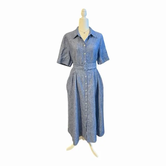 Boden Louise Linen Midi Shirt Dress Belted Blue Button - Picture 2 of 6